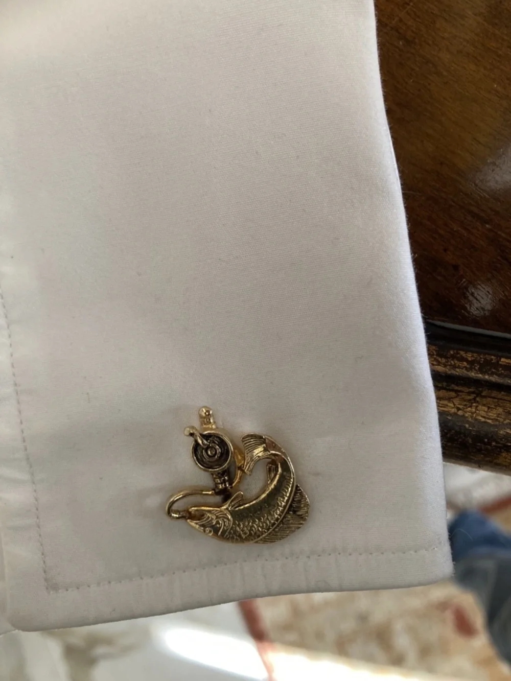 Vintage Anson Gold Tone Fish & Fishing Reel Cufflinks – PAT PEND – c. 1940s–1950